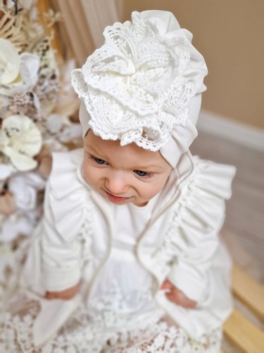 Turban dla dziewczynki z koronką, niemowlęca czapka na chrzest