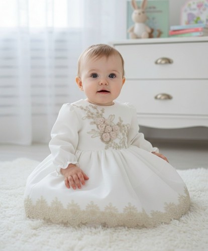 Elegancka sukienka śmietnkowo-złota na chrzest święty